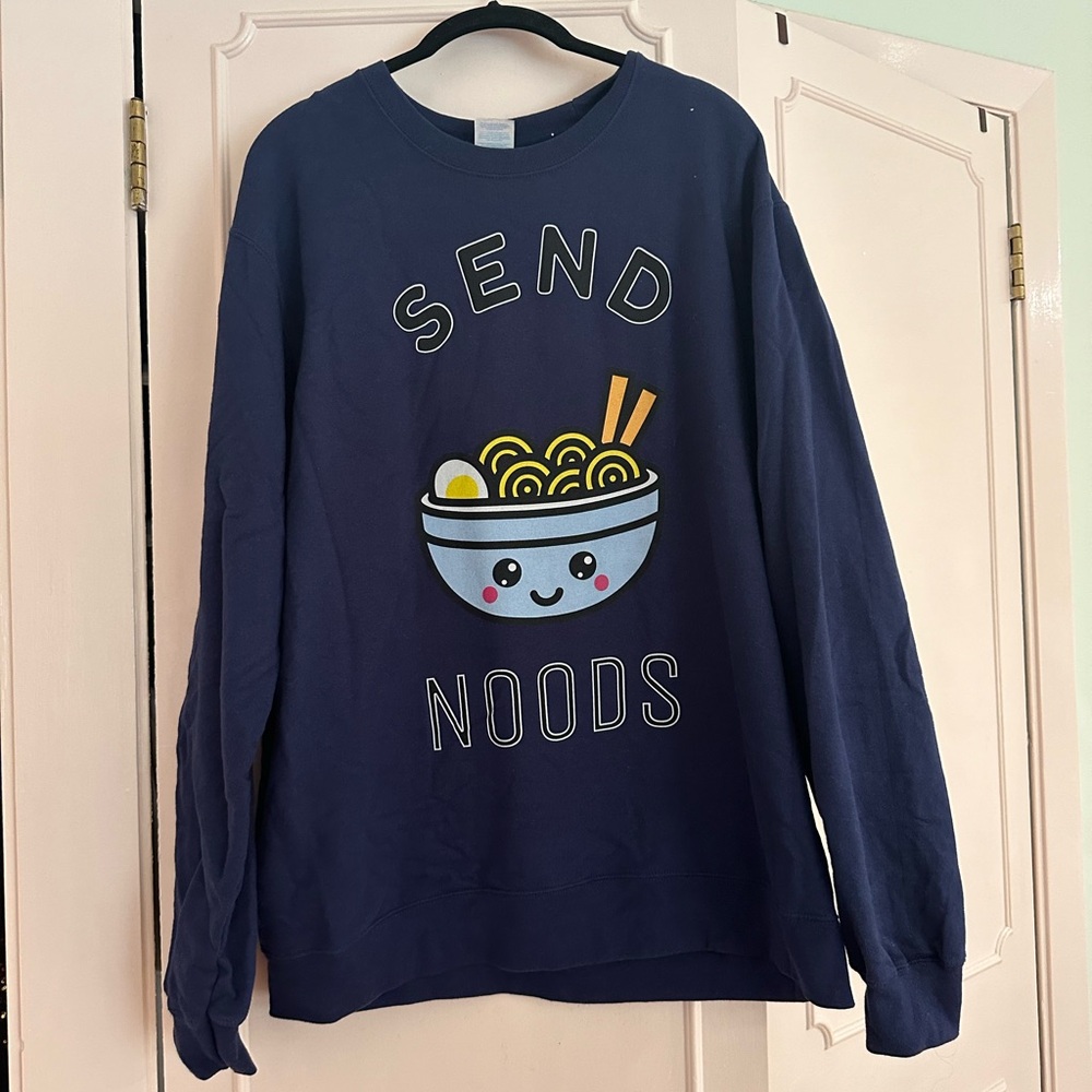 Port and Company Sweater. Send Noods. Ramen Art. Size Large. Navy. Worn Once